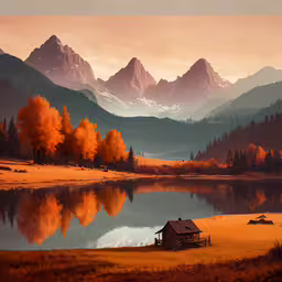mountains in the distance with water and houses in the foreground,a photo with a mountain range and water near a cabin
