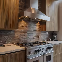 a kitchen with a stove and oven in it