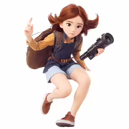 a woman flying through the air while holding a camera
