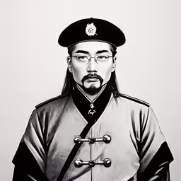 a black and white drawing of a military man