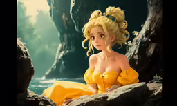 a blonde girl wearing yellow sits on the rocks of a river