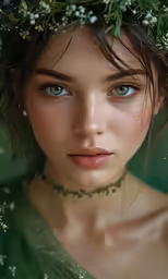 a beautiful young woman with blue eyes wearing a green dress and wreathed necklace