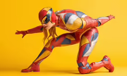 a woman dressed in an iron man costume kneeling on a yellow background