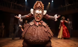 a theatrical scene with a man on the floor with a weird mask
