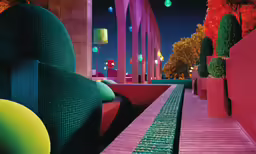 a long green bench next to pink and yellow benches