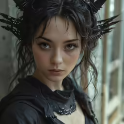 a woman with large hair and horns in front of a window