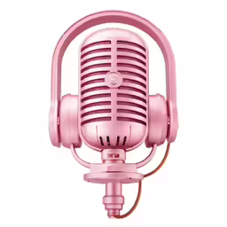 the bright pink microphone is plugged in