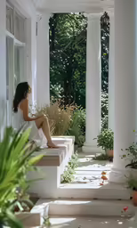 woman in white dress sitting on steps outside of house