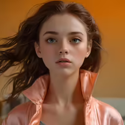the girl with the pink jacket has her hair blowing in the wind