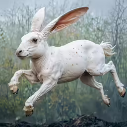 a white and brown rabbit running in front of a forest