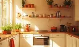 small kitchen area decorated with pots and pitchers