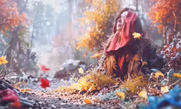 a young girl sitting in a forest, covered in autumn leaves