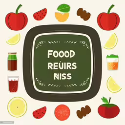 an animated television set with food related items,the words food refreshs niss in front of food and beverages around a television screen,food and drink icons in the middle of a tv,the words food returns niss are above a television surrounded by food,a television screen surrounded by many assorted fruits and vegetables