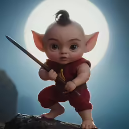 the baby elf holds a sword in front of a full moon