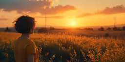 an empty field and a young boy standing near the sunset