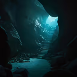 stairs going into the light at the end of a cave