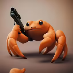 a stuffed toy crab with a gun in its hand