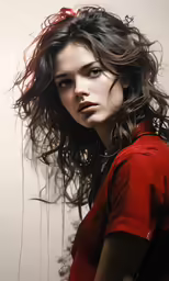 there is a girl with dark hair and a red shirt