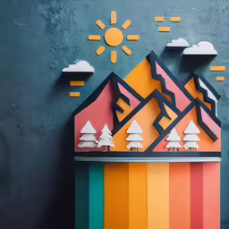 colorful graphic depicting mountains and sunset, created with cut out paper