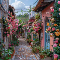 a narrow street full of flowers and hanging plants,an alley with many colorful flowers and pots in it