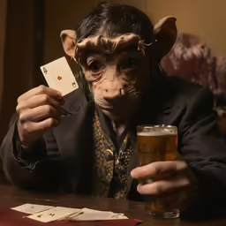 a monkey with glasses, a suit jacket and a tie holding a deck of cards