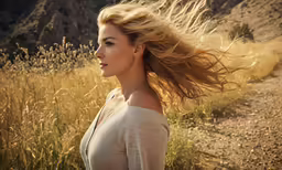 a woman with wind blowing her hair across her shoulders