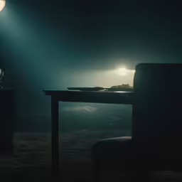 a chair is sitting in the dark in front of a table