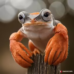 the orange - eyed frog sits on top of a post