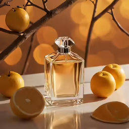 oranges sitting next to an empty bottle with nozzles