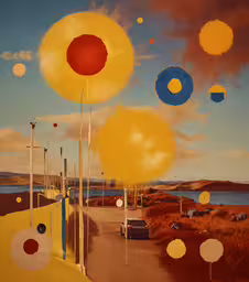 a painting depicting a lot of yellow, blue and orange circles,a painting of an outside scene with a lot of objects and sky