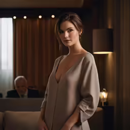 a woman in a brown dress standing near a table