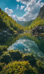 the sky and water is reflecting mountains in the water