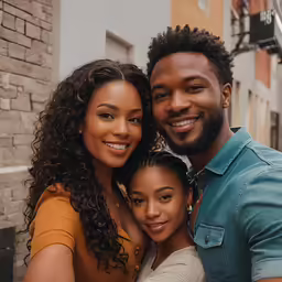 three adults standing together smiling in the street