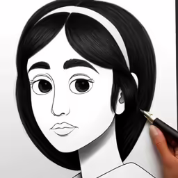 a girl with dark hair and black bangs, drawn on paper