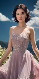 a beautiful woman with a long gown in the field