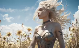a woman in a corset standing in a field of wild flowers