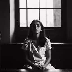 a woman sitting in a room in front of a window