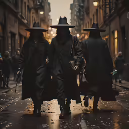 three people in long coats are walking through the street with tall hats