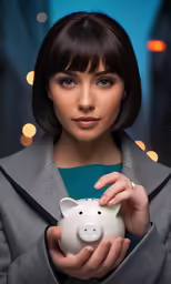 a business woman is holding a piggy bank