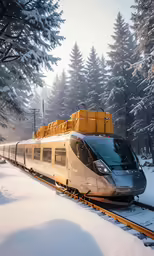 a white and yellow train on a snowy day