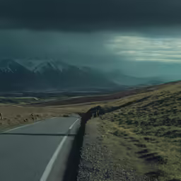 the highway is empty with animals grazing in the grass