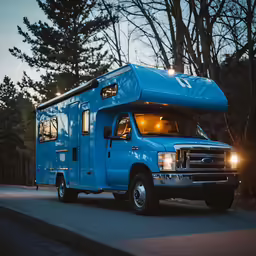 a blue rv that is on the road by trees