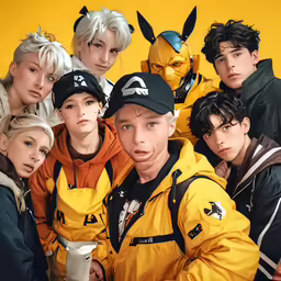 several young people with anime - themed outfits posing for a photo