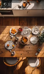 an overhead view of a table with a variety of dishes and a serving dish
