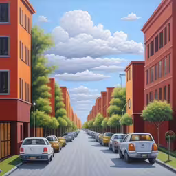 this painting shows a very long line of cars,the street is lined with cars on a very empty road,a painting of several cars sitting in the street,a painting of a street lined with cars,this is an artist painting of cars going down a road