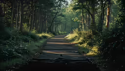 a wooden path in the woods leading towards a path