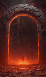 man standing alone at the end of an arch of fire
