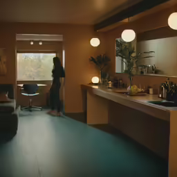 a woman standing by a window in a room