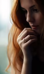 a girl wearing a ring looks off to her left