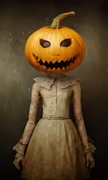 the pumpkin - shaped face of a woman dressed in a white dress